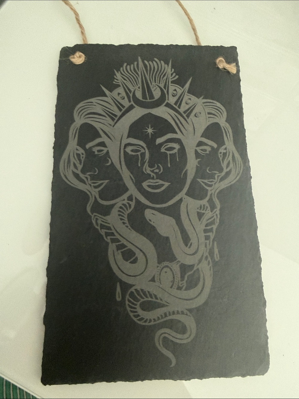 Black Slate Triple-Faced Goddess Wall Plaque - Hecate 10 in
